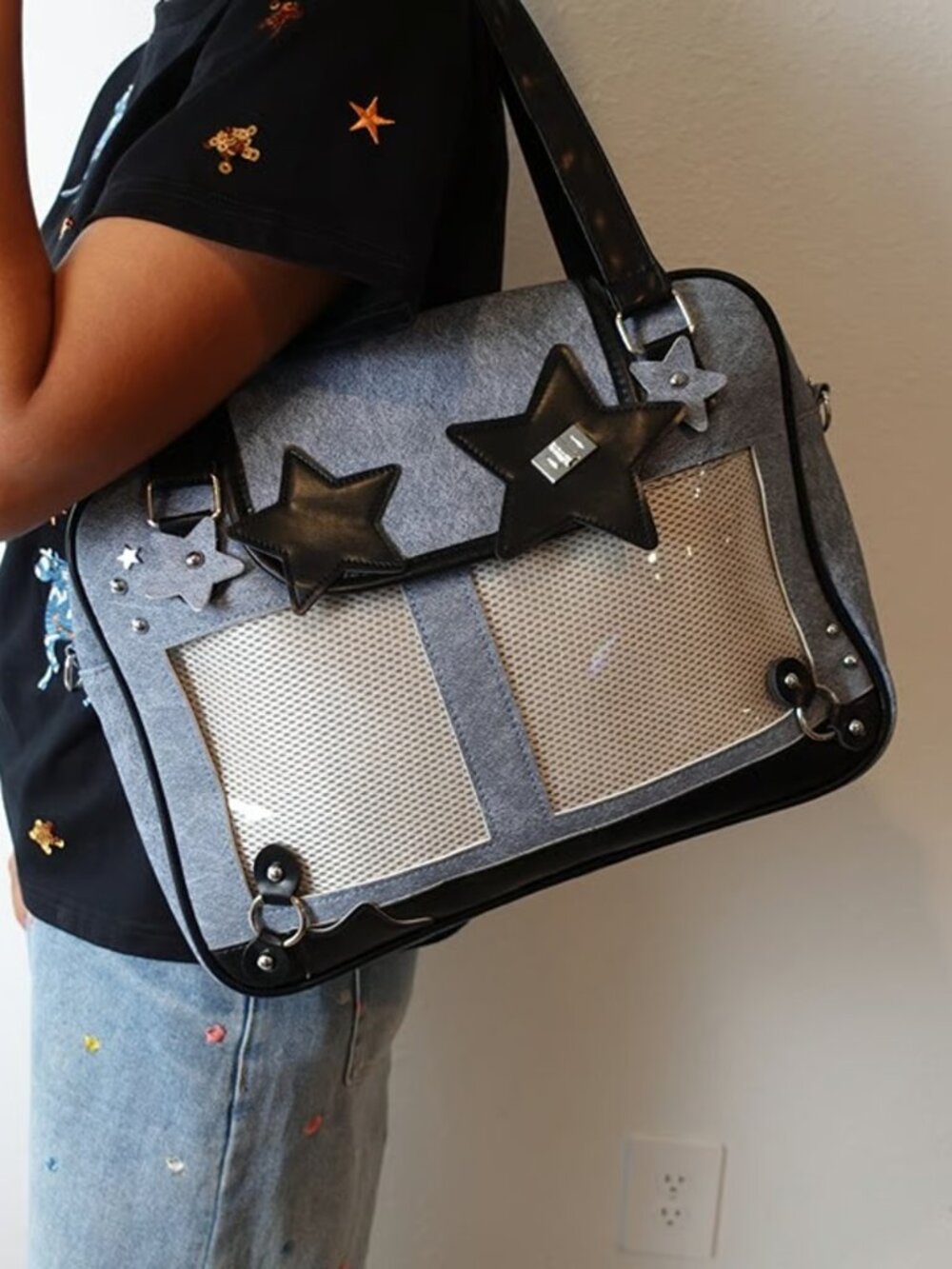 GRAY Large Y2K Ita Bag Crossbody, Vegan Leather Pin Display Shoulder Bag Itabag